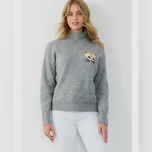THML, Gray Mock Neck Knit Sweater with Cat Patch, s m l | TMK1899